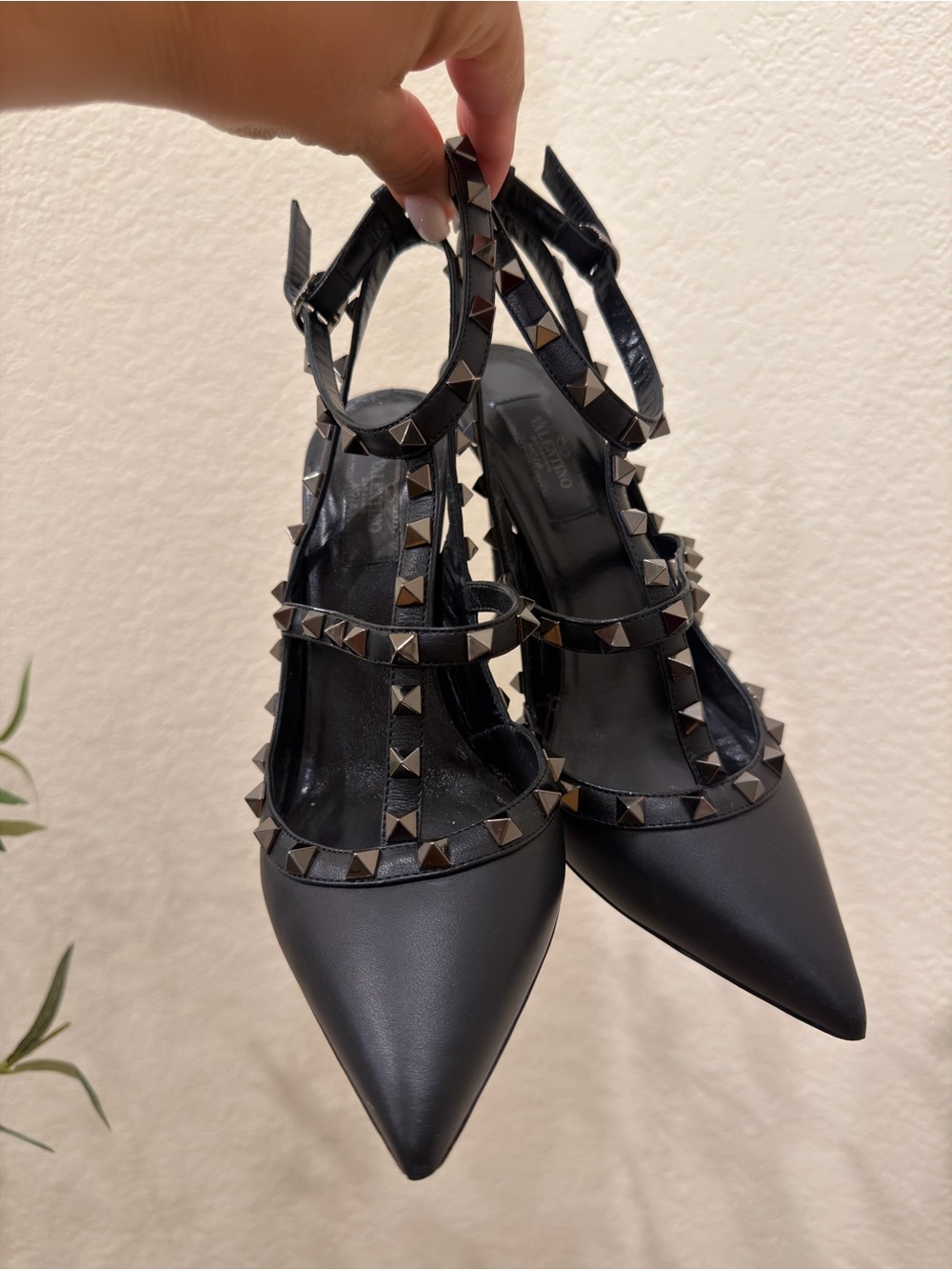 Valentino Garavani Black Stud-Trim Pointed T-Strap Pumps